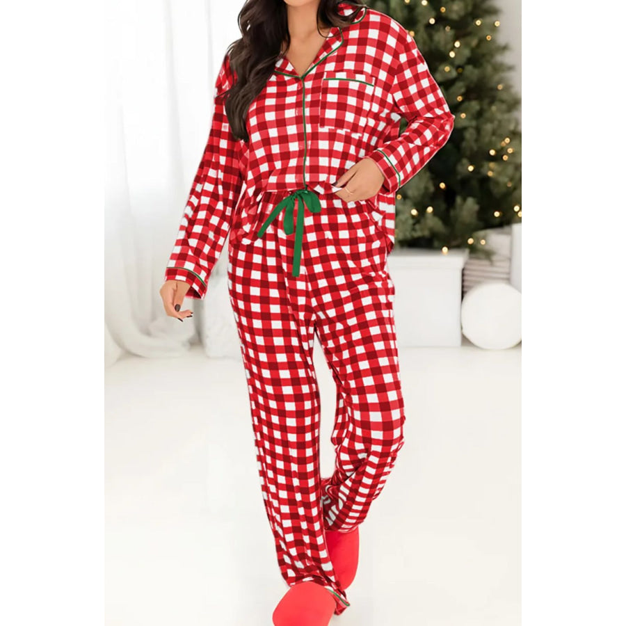 Contrast Piping Plaid Top and Pants Lounge Set Deep Red / S Apparel and Accessories