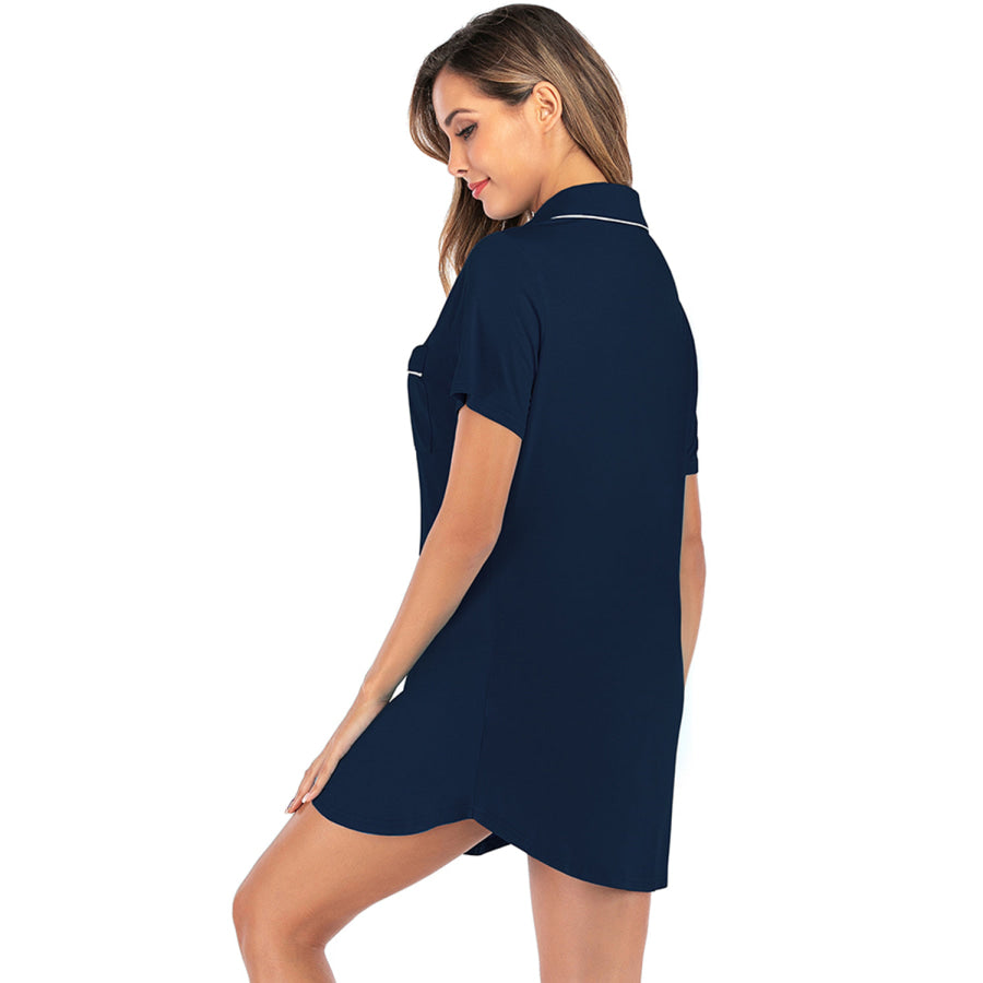 Contrast Piping Pocketed Short Sleeve Lounge Dress Apparel and Accessories