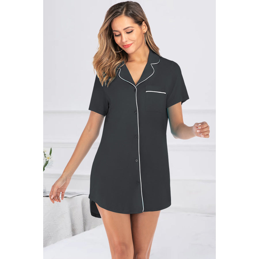 Contrast Piping Pocketed Short Sleeve Lounge Dress Black / S Apparel and Accessories