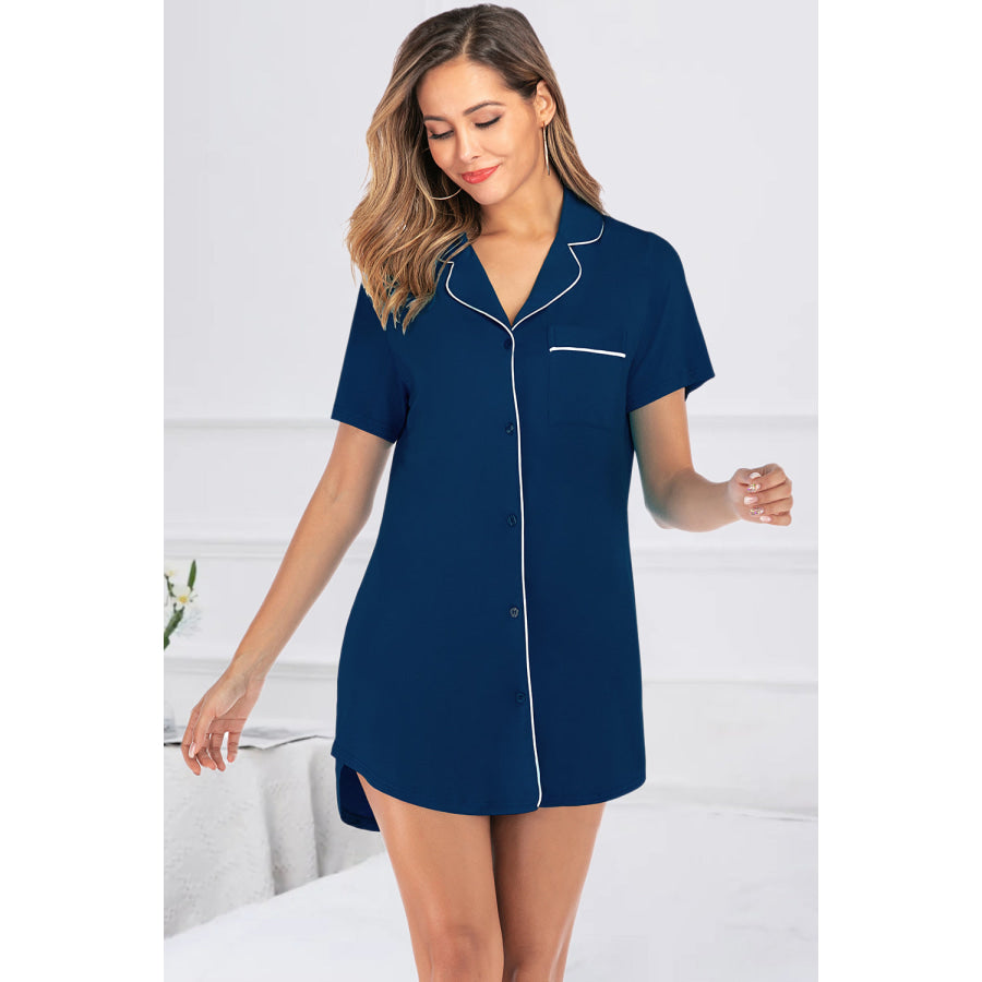 Contrast Piping Pocketed Short Sleeve Lounge Dress Navy / S Apparel and Accessories