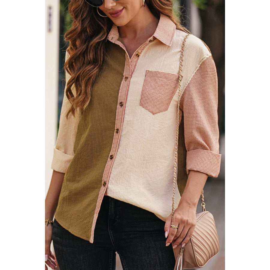 Contrast Plaid Button Down Long Sleeve Shirt Taupe / S Apparel and Accessories