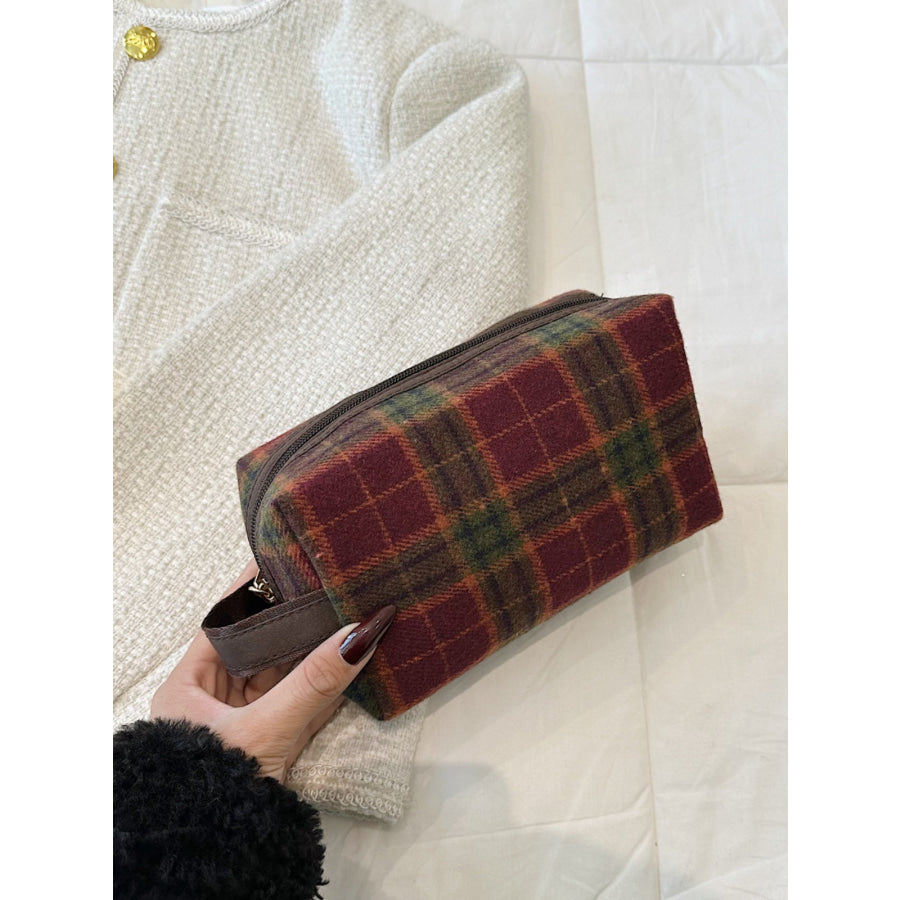 Contrast Plaid Clutch with Zipper Red (semicircle) / One Size Apparel and Accessories