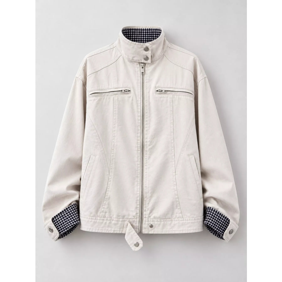 Contrast Plaid Cuffs Zip Up Jacket Apparel and Accessories