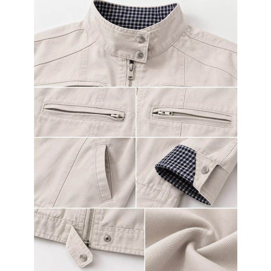Contrast Plaid Cuffs Zip Up Jacket Apparel and Accessories