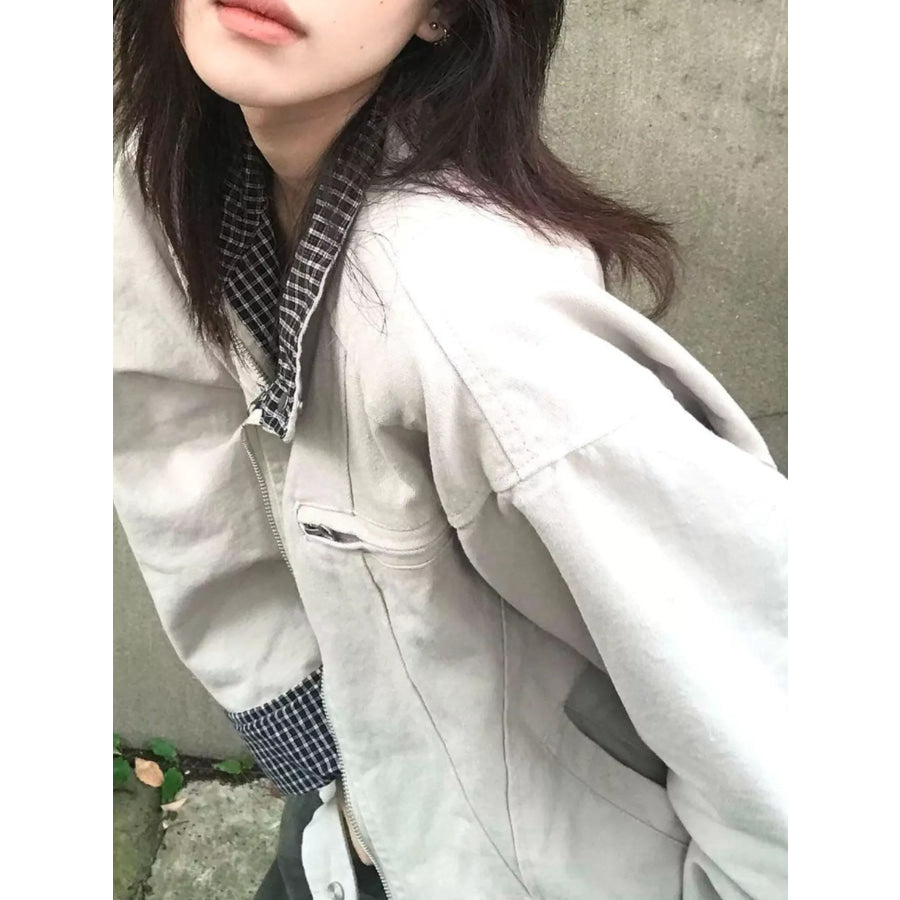 Contrast Plaid Cuffs Zip Up Jacket Apparel and Accessories