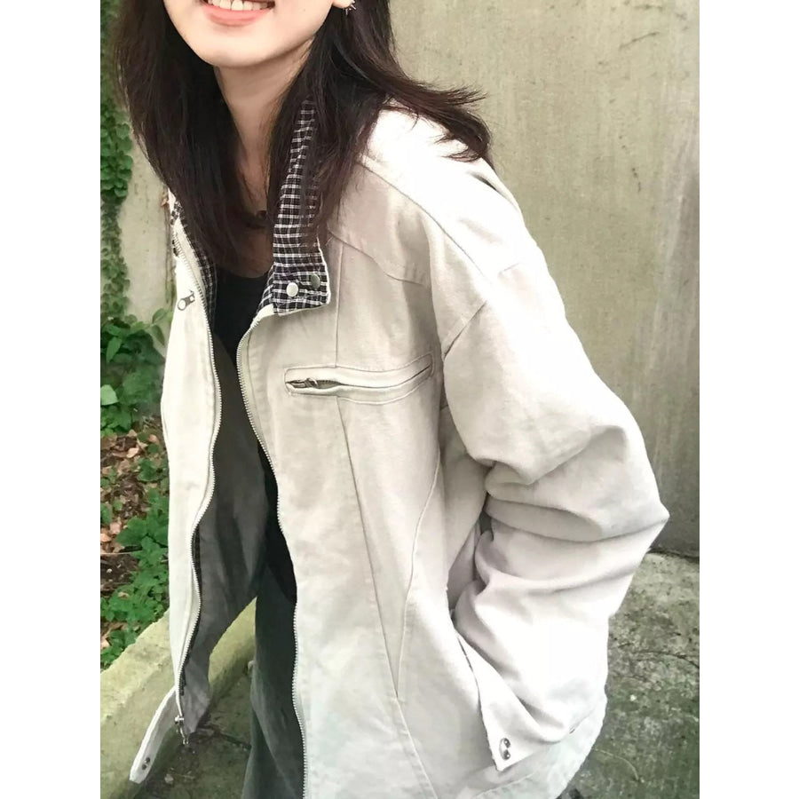 Contrast Plaid Cuffs Zip Up Jacket Apparel and Accessories