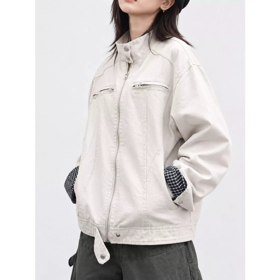 Contrast Plaid Cuffs Zip Up Jacket Apparel and Accessories
