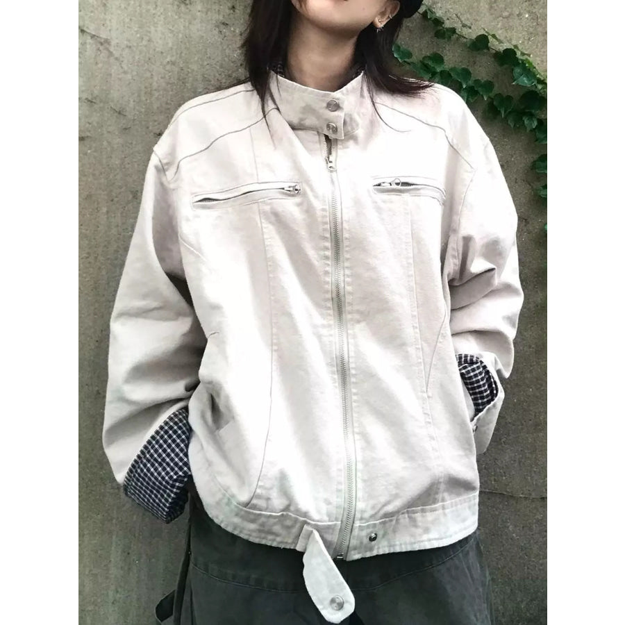 Contrast Plaid Cuffs Zip Up Jacket Light Apricot / M Apparel and Accessories