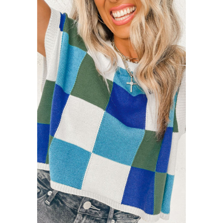 Contrast Plaid Round Neck Cap Sleeve Sweater Blue / S Apparel and Accessories