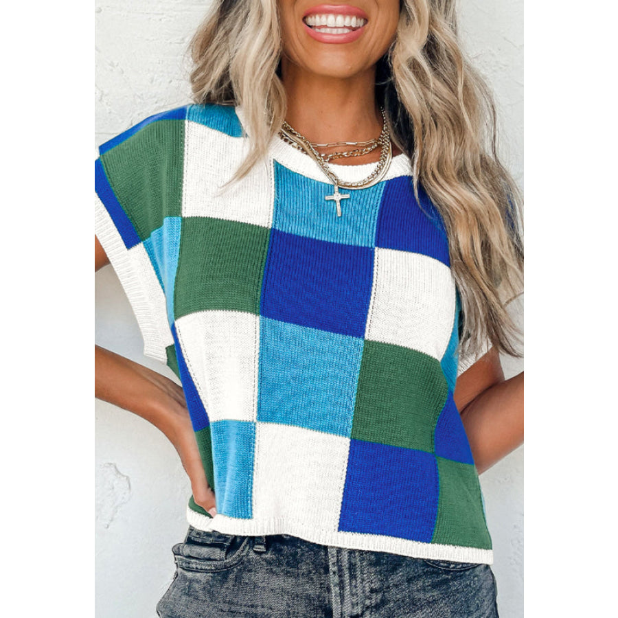 Contrast Plaid Round Neck Cap Sleeve Sweater Blue / S Apparel and Accessories