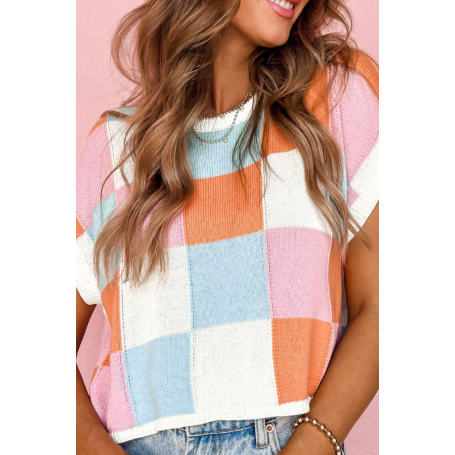 Contrast Plaid Round Neck Cap Sleeve Sweater Sherbet / S Apparel and Accessories