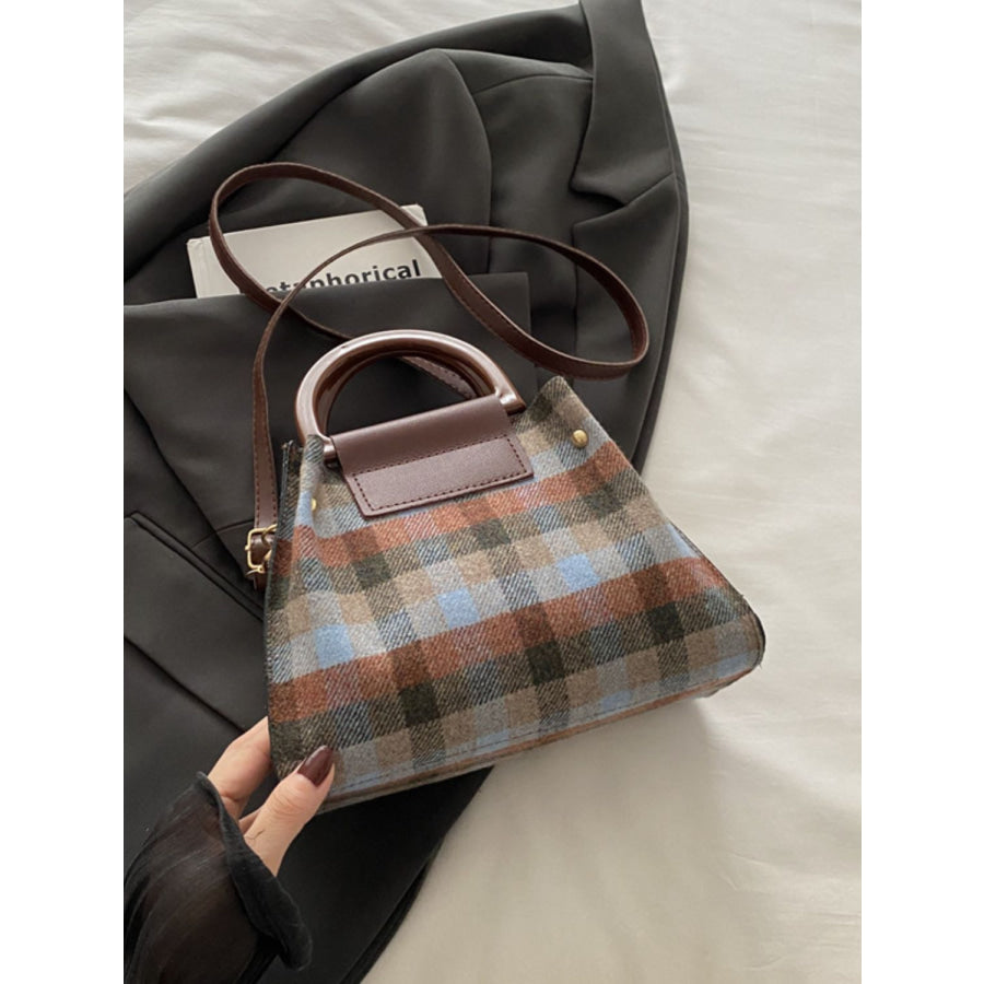 Contrast Plaid Trapezoid Shape Crossbody Bag Brown / One Size Apparel and Accessories