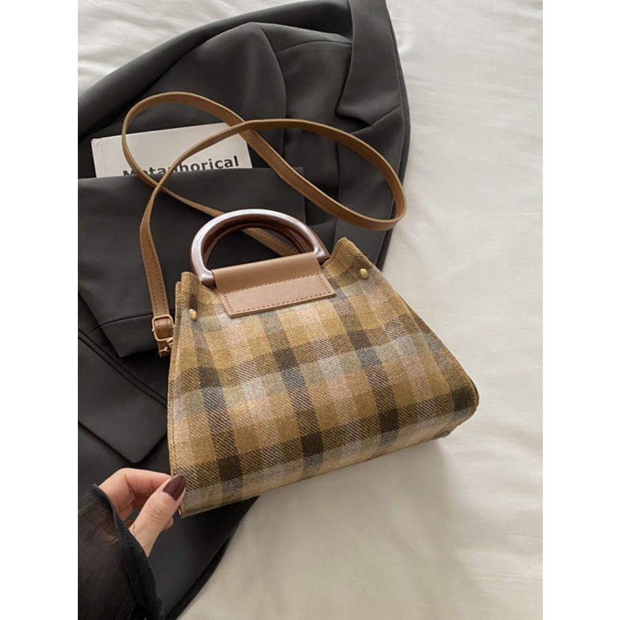 Contrast Plaid Trapezoid Shape Crossbody Bag Tan / One Size Apparel and Accessories