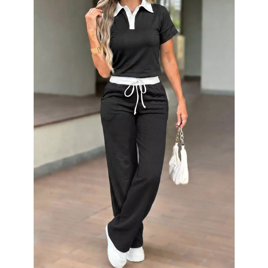 Contrast Polo Collar Top and Pants Set Apparel and Accessories