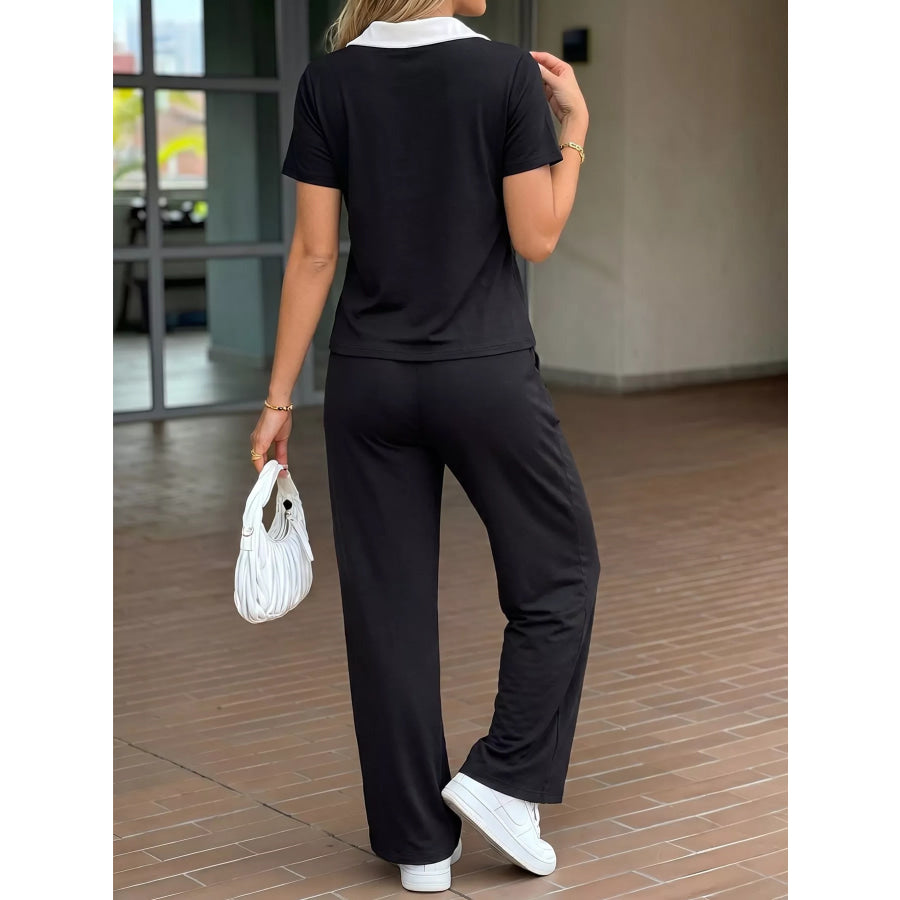 Contrast Polo Collar Top and Pants Set Apparel and Accessories