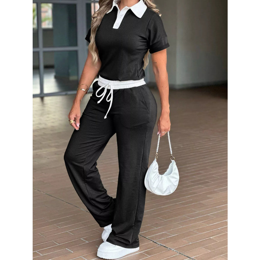Contrast Polo Collar Top and Pants Set Apparel and Accessories