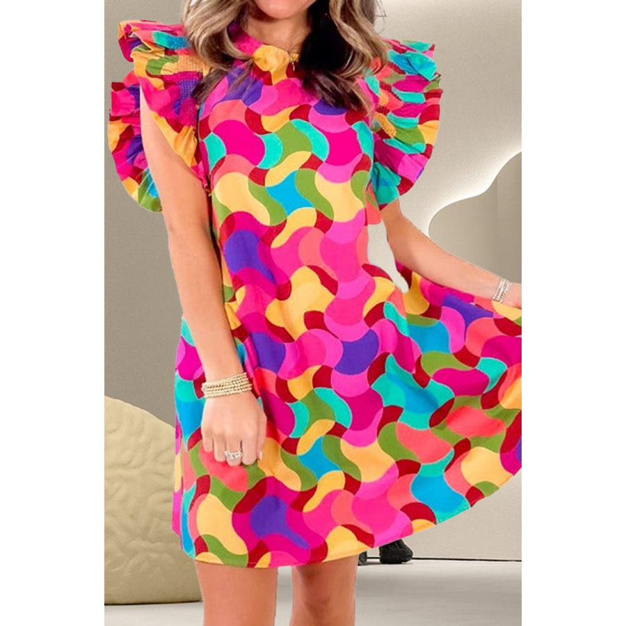 Contrast Print Round Neck Cap Sleeve Mini Dress Apparel and Accessories