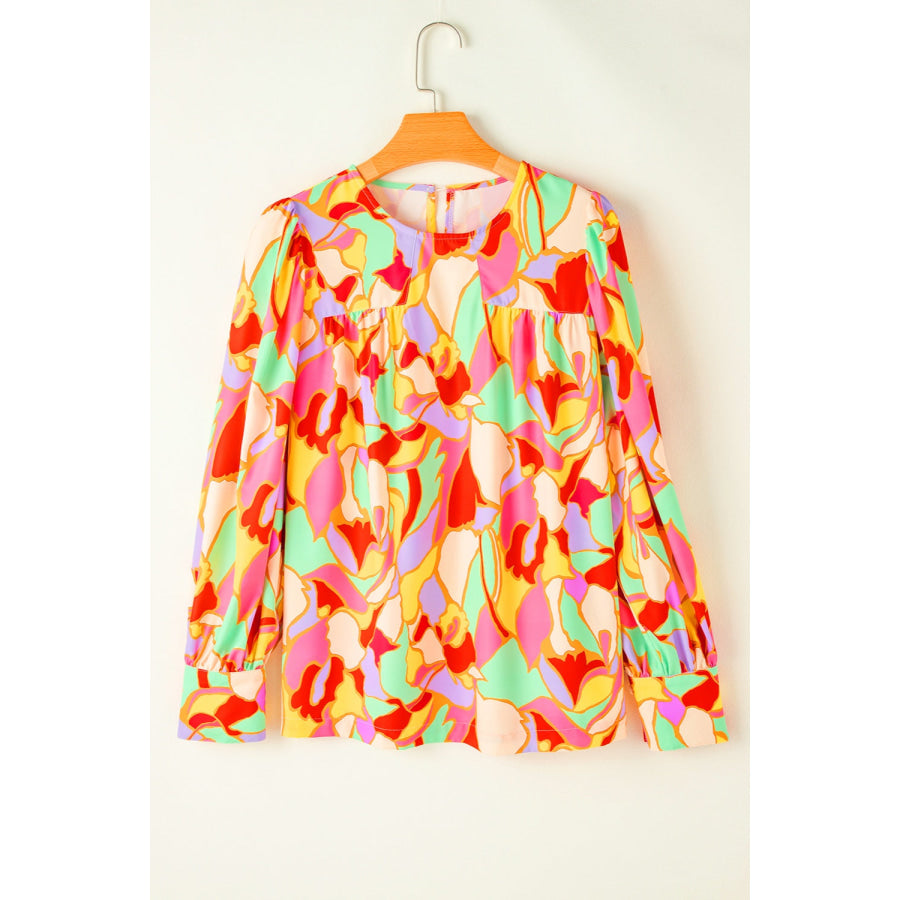 Contrast Print Round Neck Long Sleeve Blouse Floral / S Apparel and Accessories