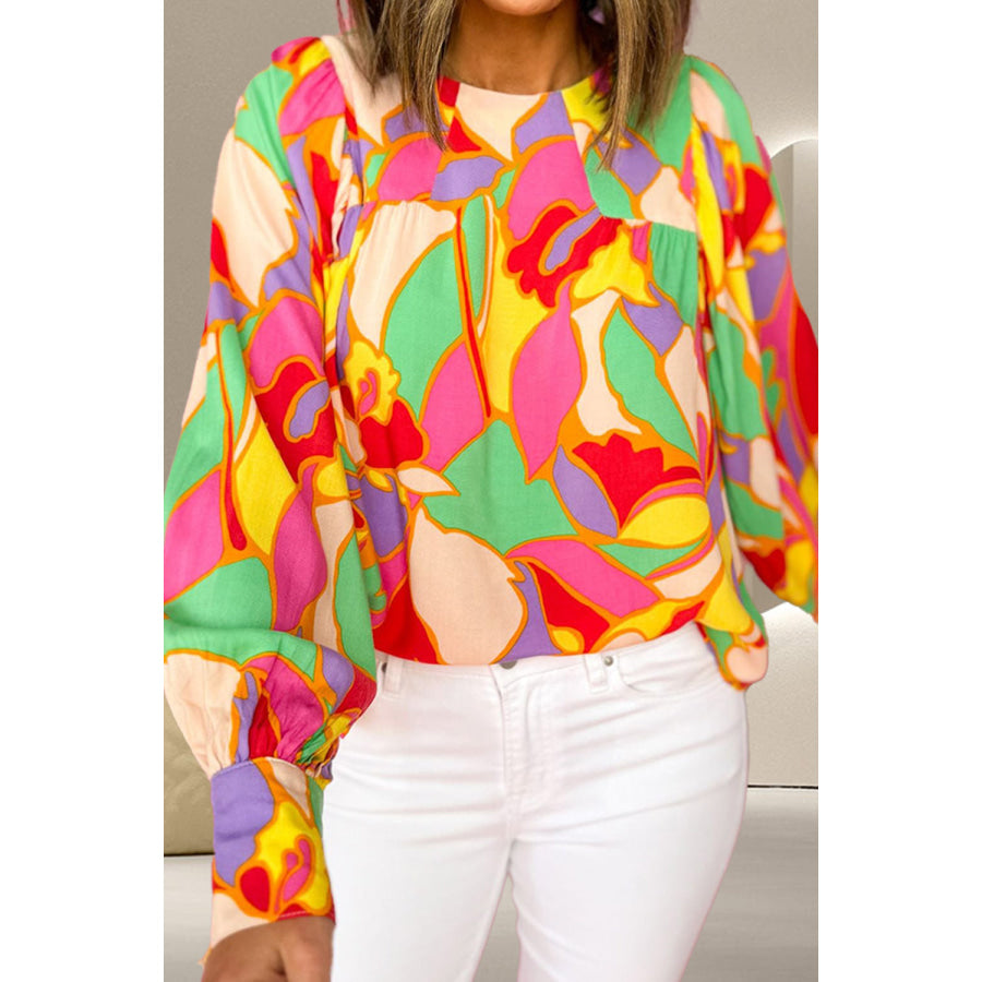 Contrast Print Round Neck Long Sleeve Blouse Floral / S Apparel and Accessories