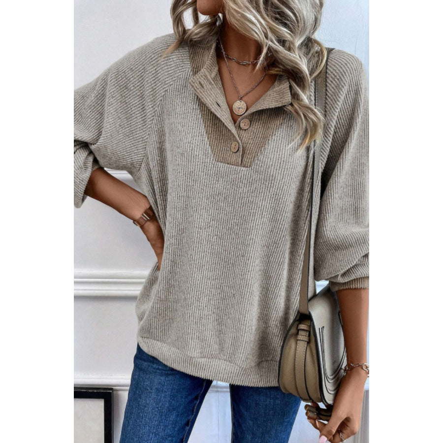 Contrast Quarter Button Round Neck Long Sleeve Top Apparel and Accessories