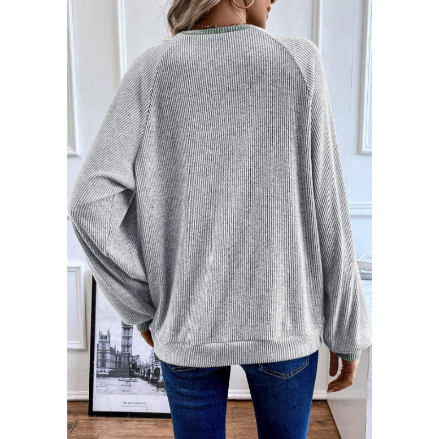 Contrast Quarter Button Round Neck Long Sleeve Top Apparel and Accessories