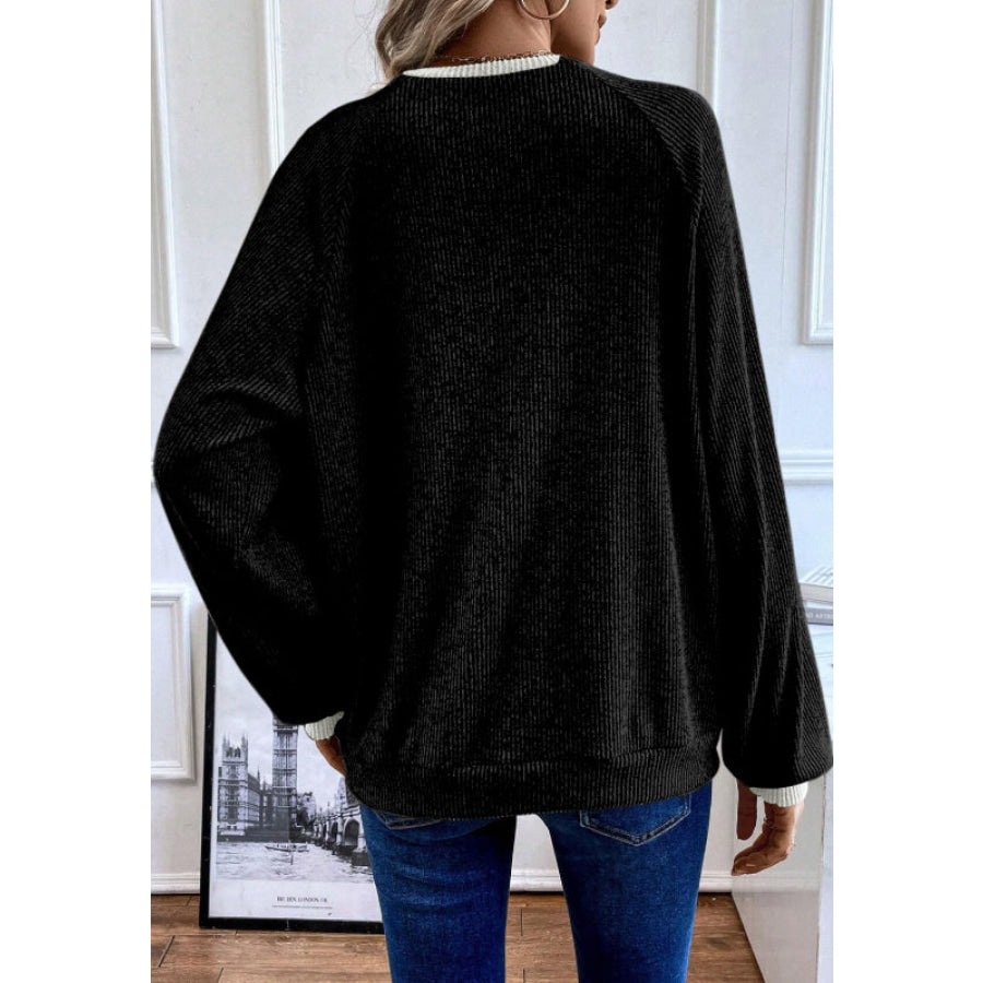 Contrast Quarter Button Round Neck Long Sleeve Top Apparel and Accessories