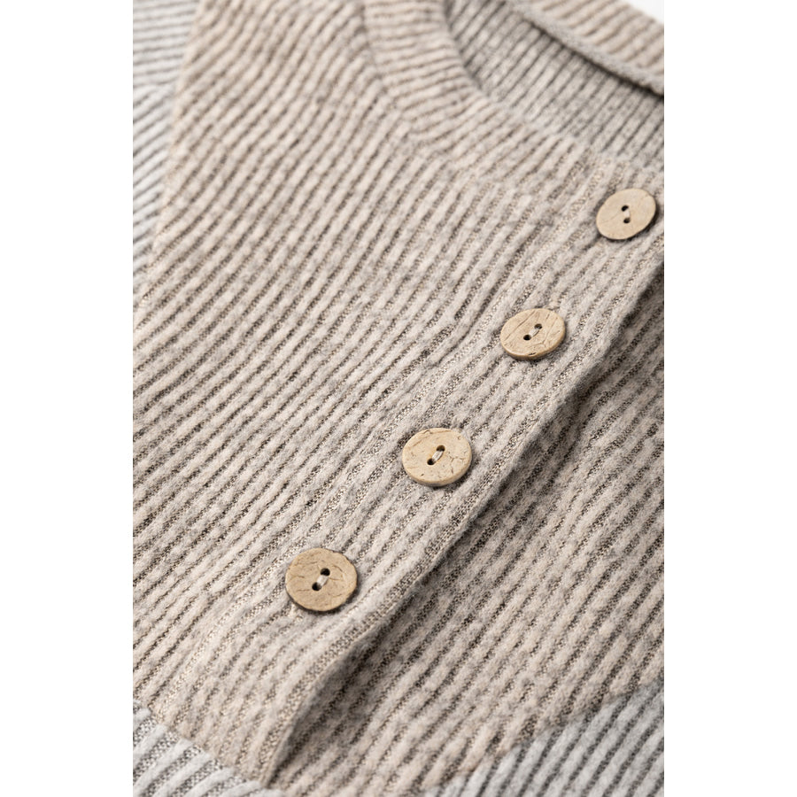 Contrast Quarter Button Round Neck Long Sleeve Top Apparel and Accessories