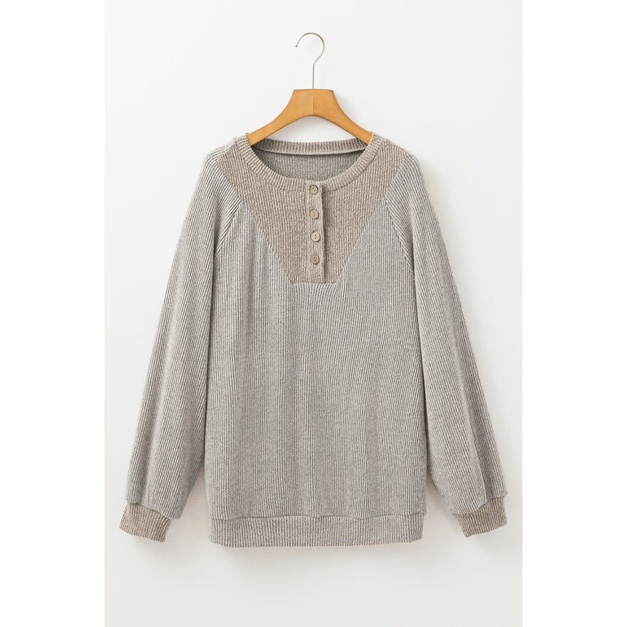 Contrast Quarter Button Round Neck Long Sleeve Top Apparel and Accessories