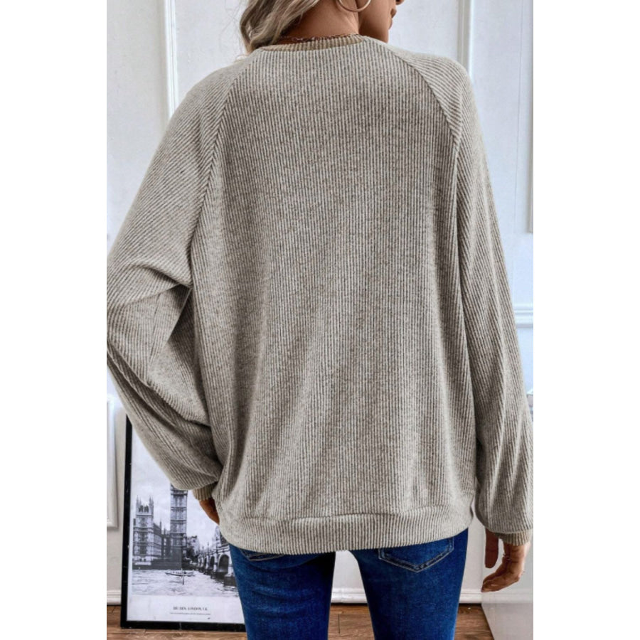 Contrast Quarter Button Round Neck Long Sleeve Top Apparel and Accessories