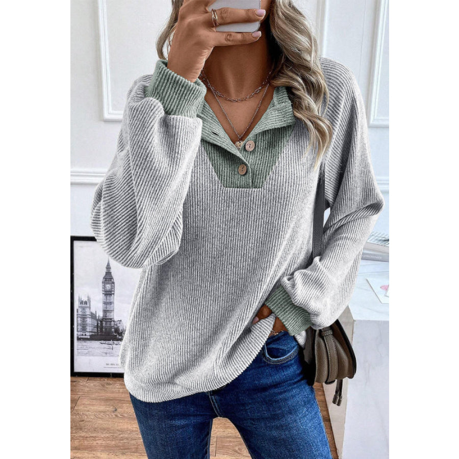 Contrast Quarter Button Round Neck Long Sleeve Top Apparel and Accessories