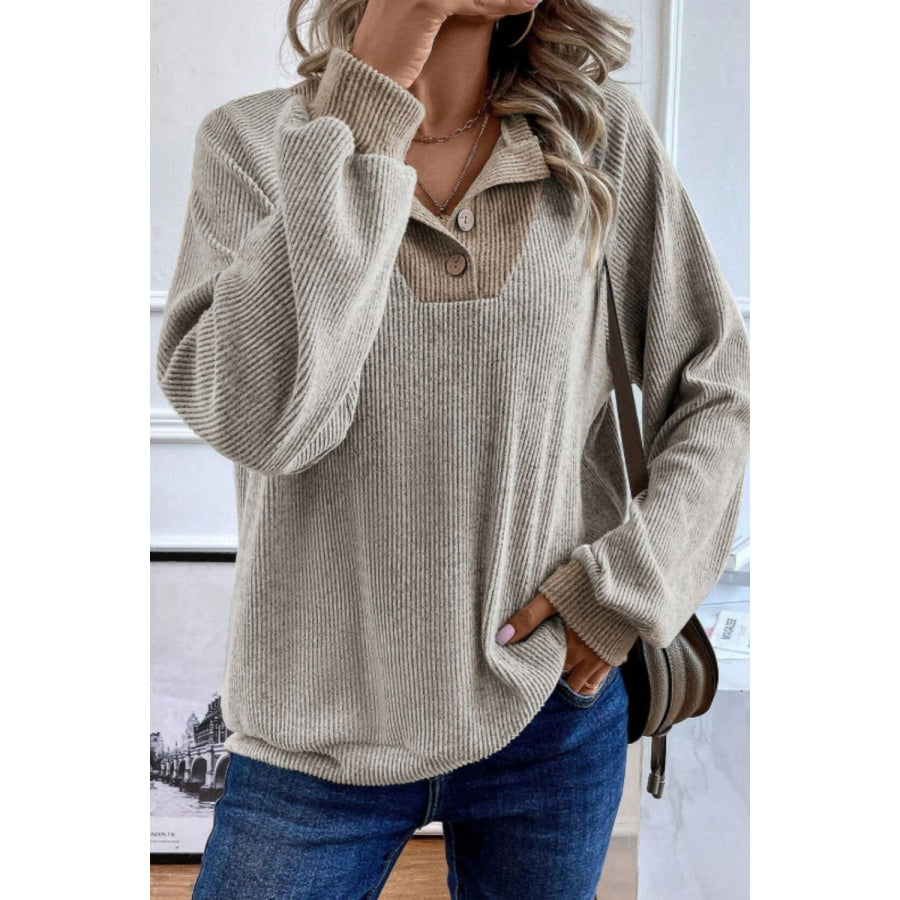 Contrast Quarter Button Round Neck Long Sleeve Top Apparel and Accessories