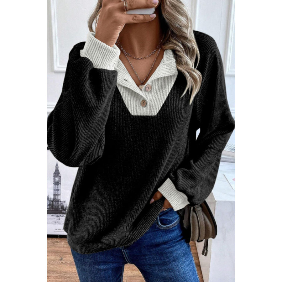 Contrast Quarter Button Round Neck Long Sleeve Top Apparel and Accessories