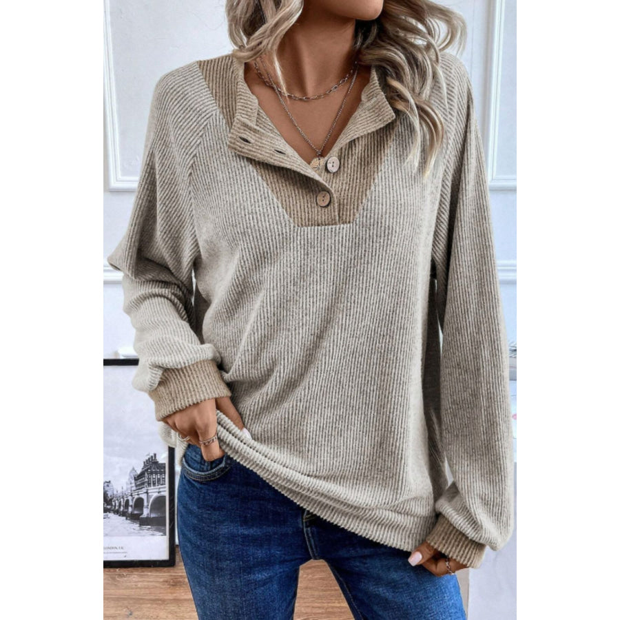 Contrast Quarter Button Round Neck Long Sleeve Top Apparel and Accessories