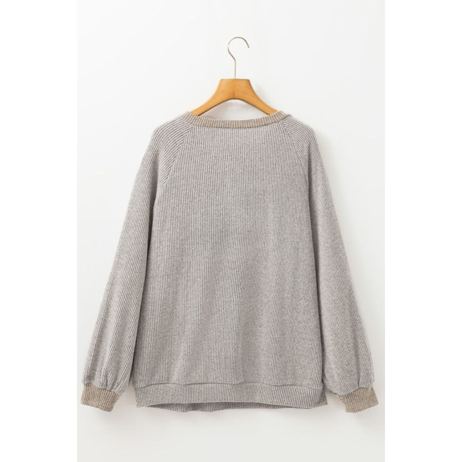 Contrast Quarter Button Round Neck Long Sleeve Top Apparel and Accessories