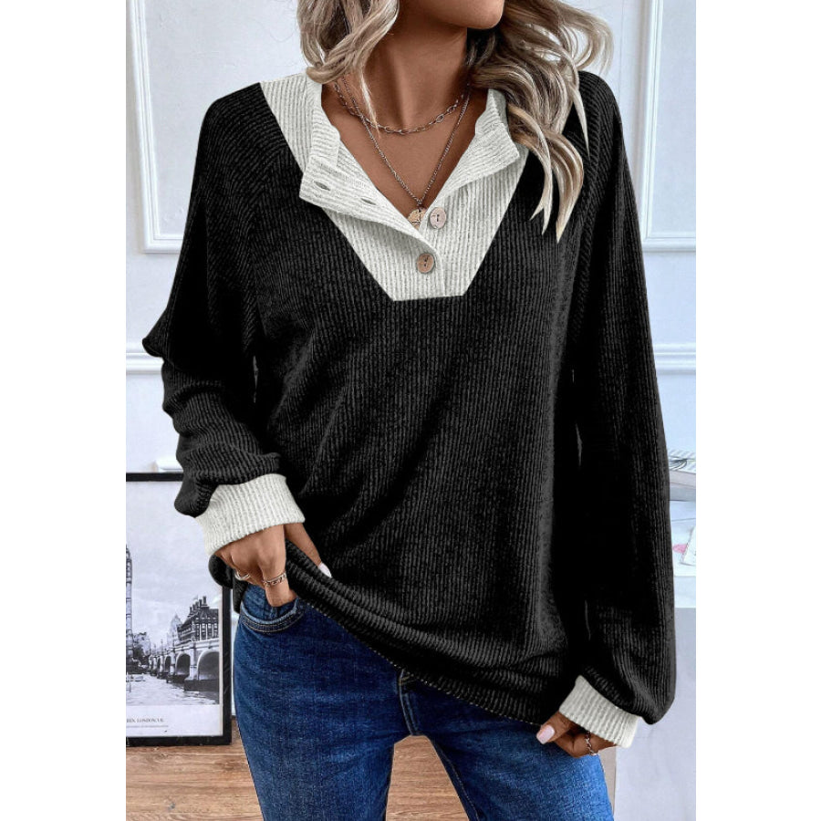 Contrast Quarter Button Round Neck Long Sleeve Top Black / S Apparel and Accessories