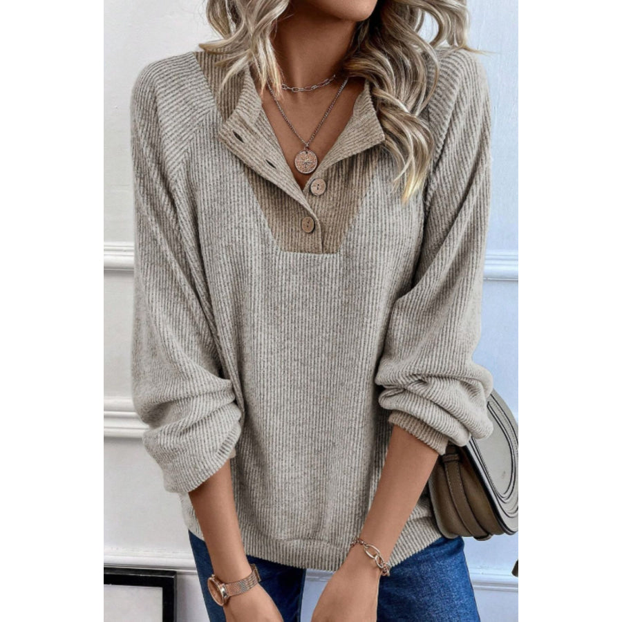 Contrast Quarter Button Round Neck Long Sleeve Top Mocha / S Apparel and Accessories