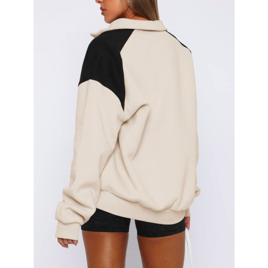 Contrast Quarter Zip Long Sleeve Sweatshirt Tan / S Apparel and Accessories