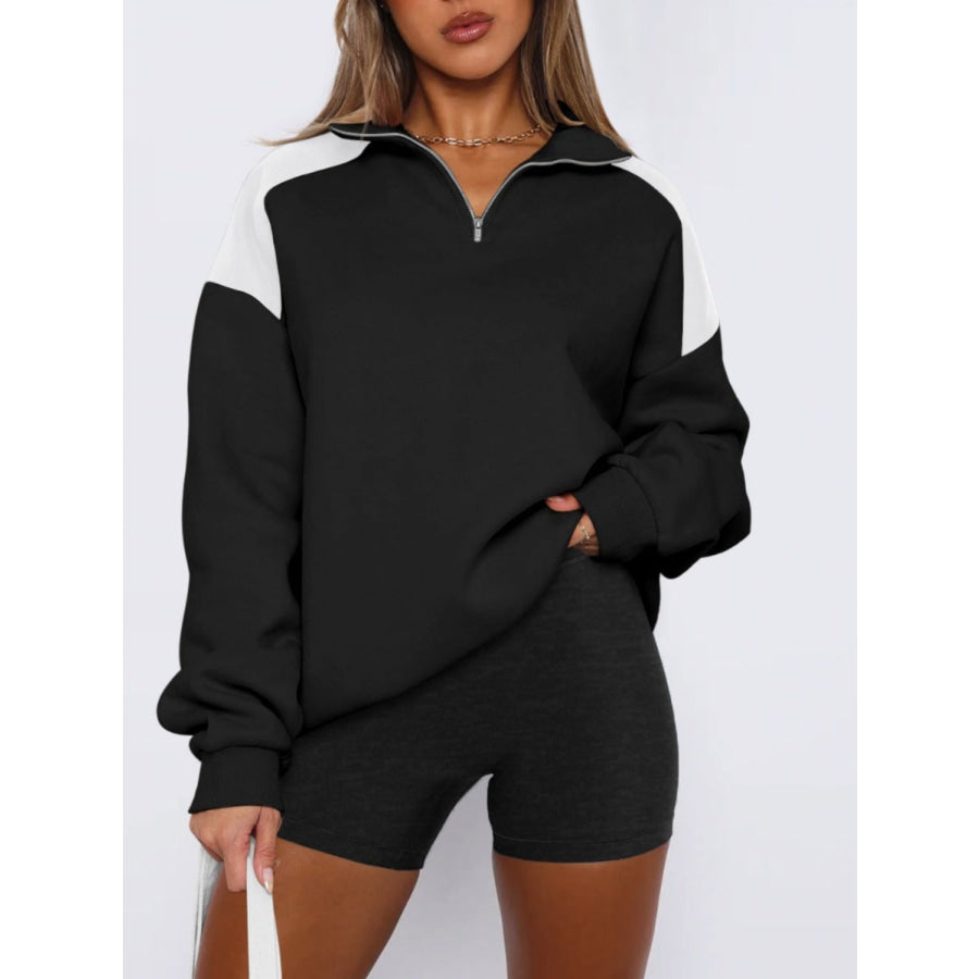 Contrast Quarter Zip Long Sleeve Sweatshirt Black / S Apparel and Accessories