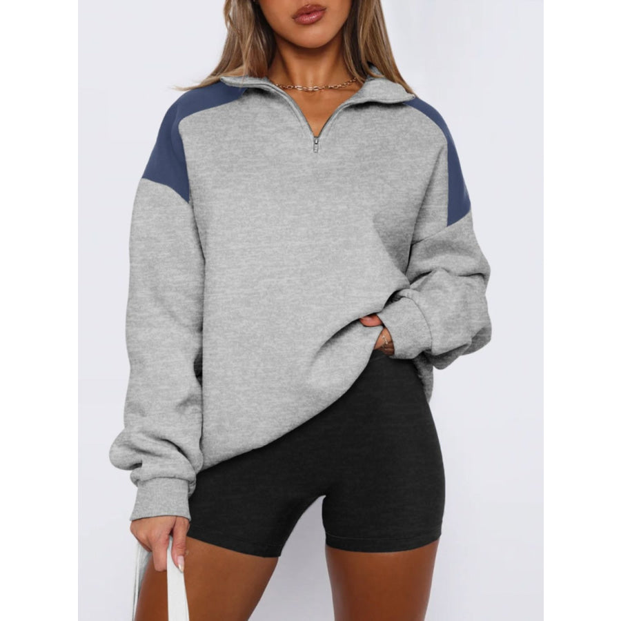 Contrast Quarter Zip Long Sleeve Sweatshirt Gray / S Apparel and Accessories