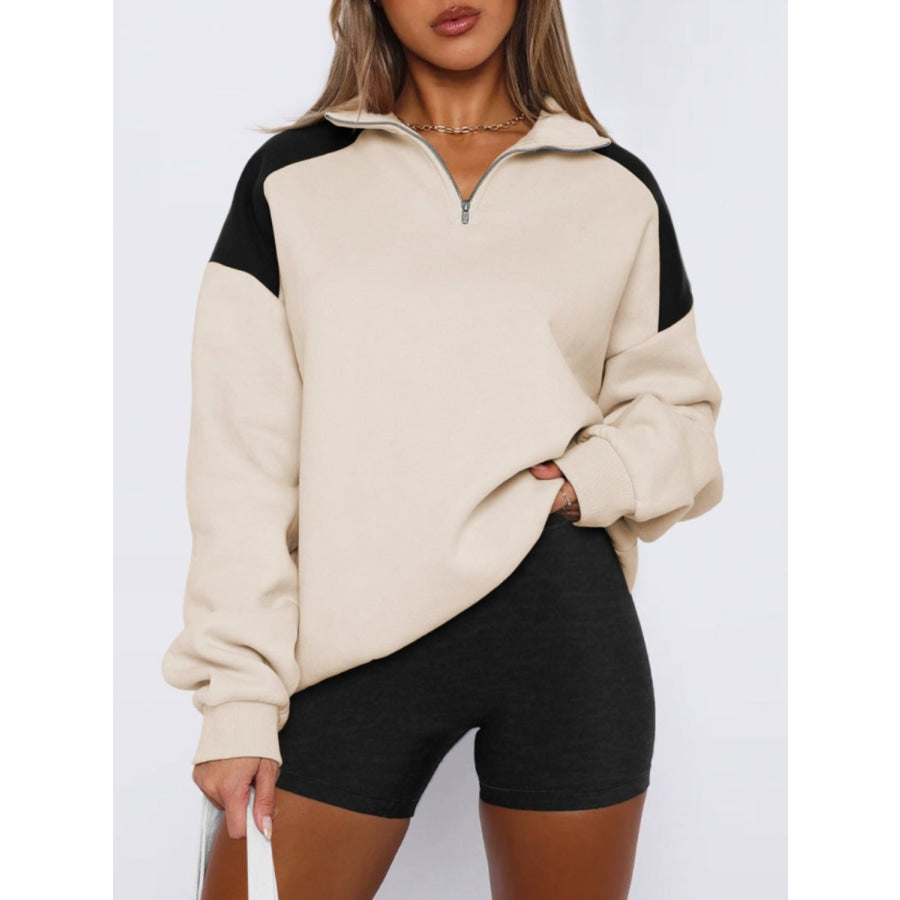 Contrast Quarter Zip Long Sleeve Sweatshirt Tan / S Apparel and Accessories