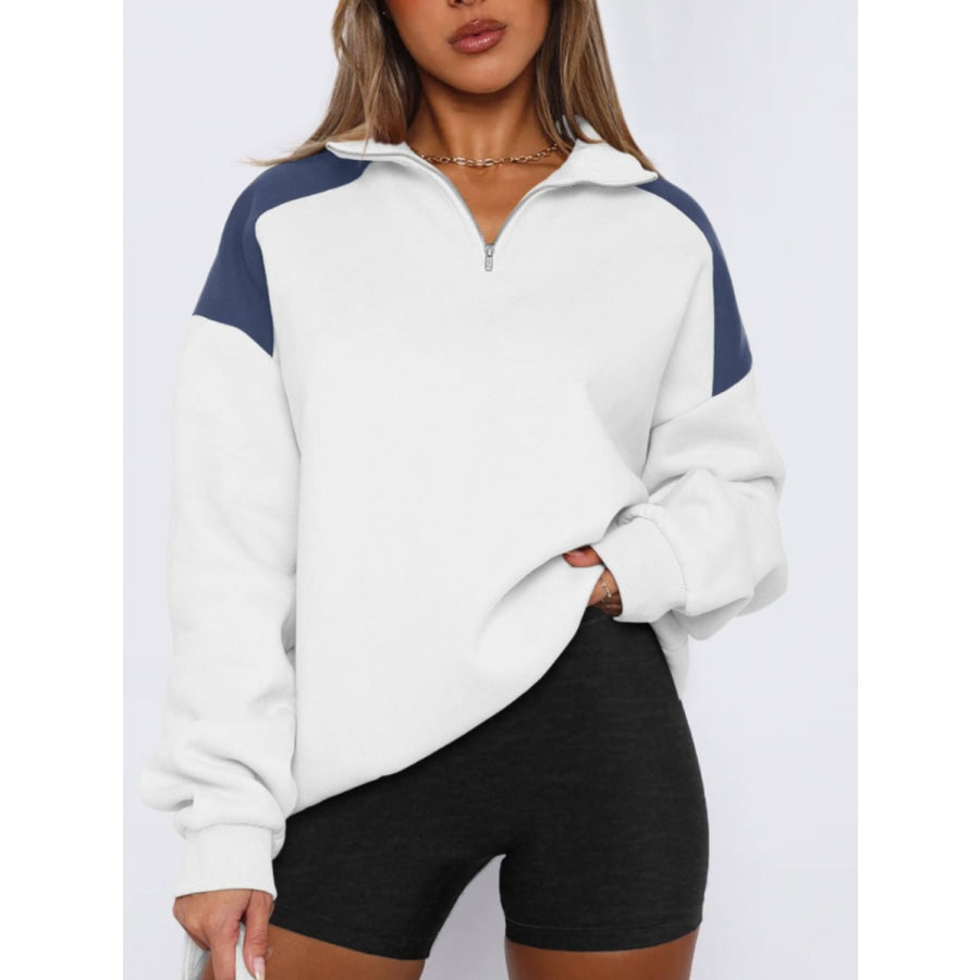 Contrast Quarter Zip Long Sleeve Sweatshirt White / S Apparel and Accessories