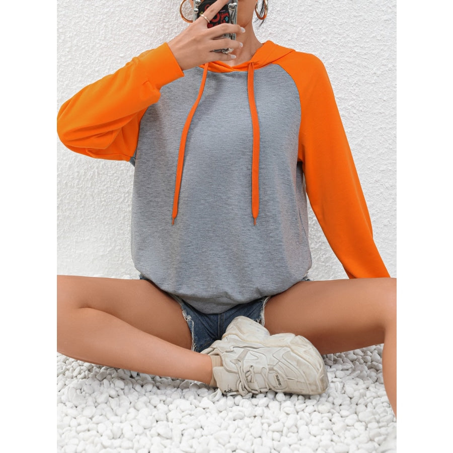 Contrast Raglan Sleeve Drawstring Hoodie