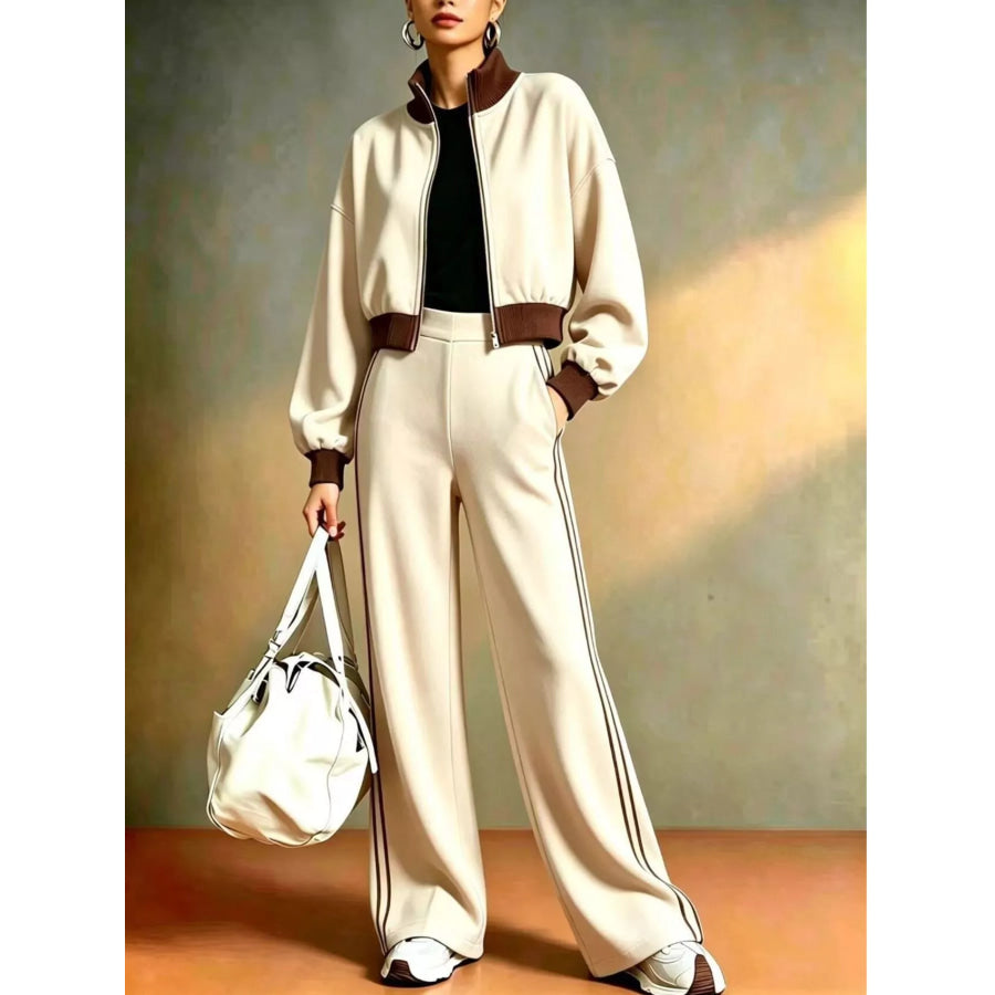 Contrast Ribbed Jacket and Wide-Leg Pants Tracksuit Set Beige / S