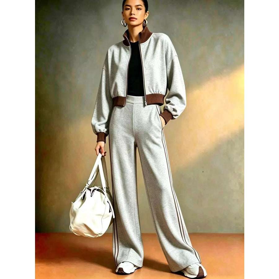 Contrast Ribbed Jacket and Wide-Leg Pants Tracksuit Set Light Gray / S