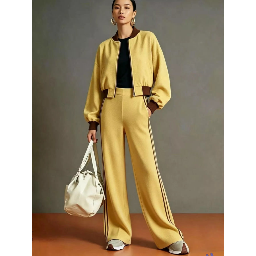 Contrast Ribbed Jacket and Wide-Leg Pants Tracksuit Set Mustard / S