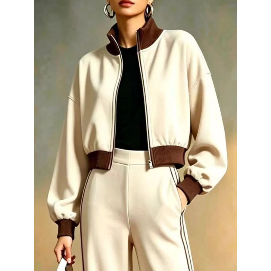 Contrast Ribbed Jacket and Wide-Leg Pants Tracksuit Set