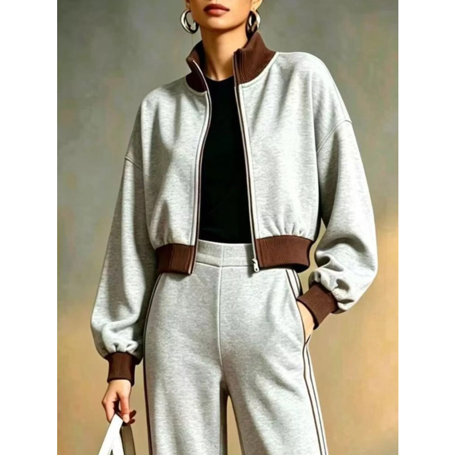 Contrast Ribbed Jacket and Wide-Leg Pants Tracksuit Set