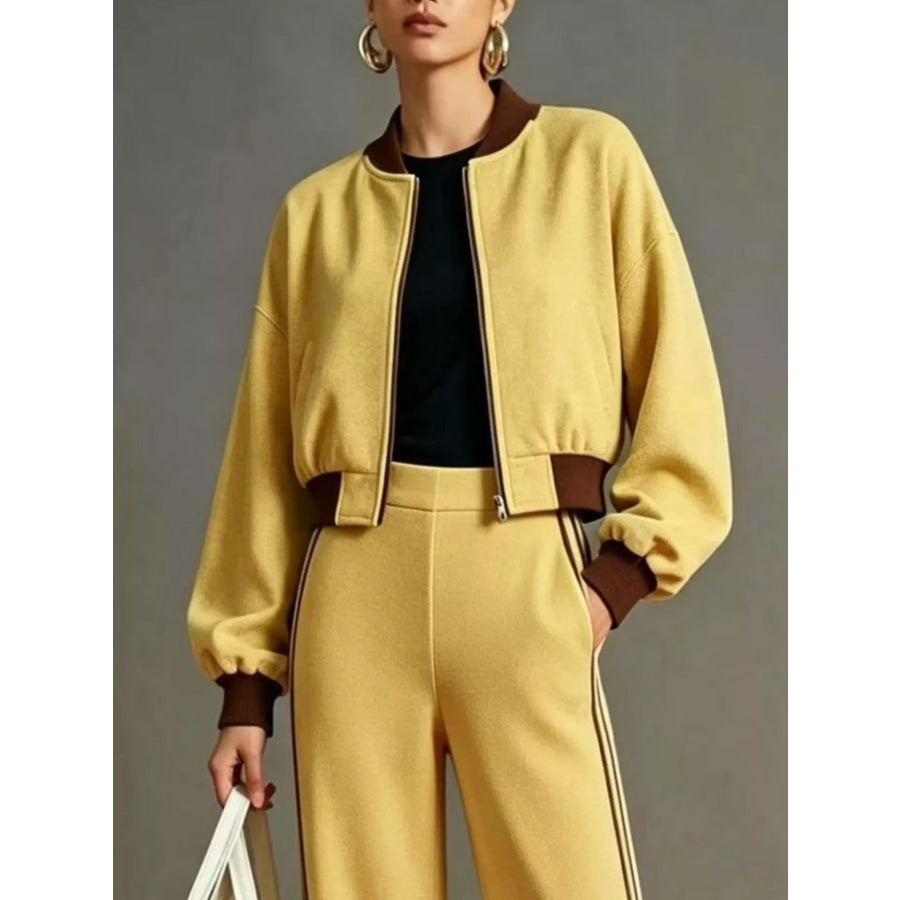 Contrast Ribbed Jacket and Wide-Leg Pants Tracksuit Set