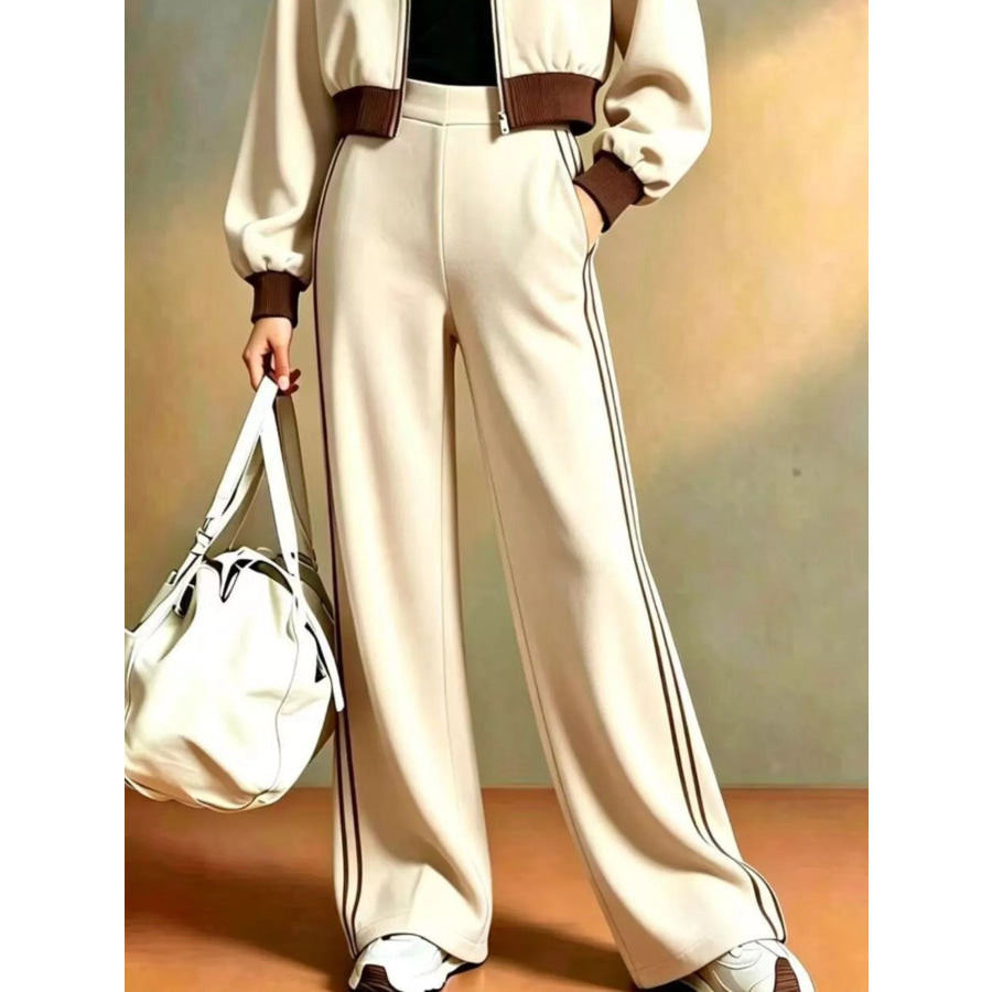 Contrast Ribbed Jacket and Wide-Leg Pants Tracksuit Set