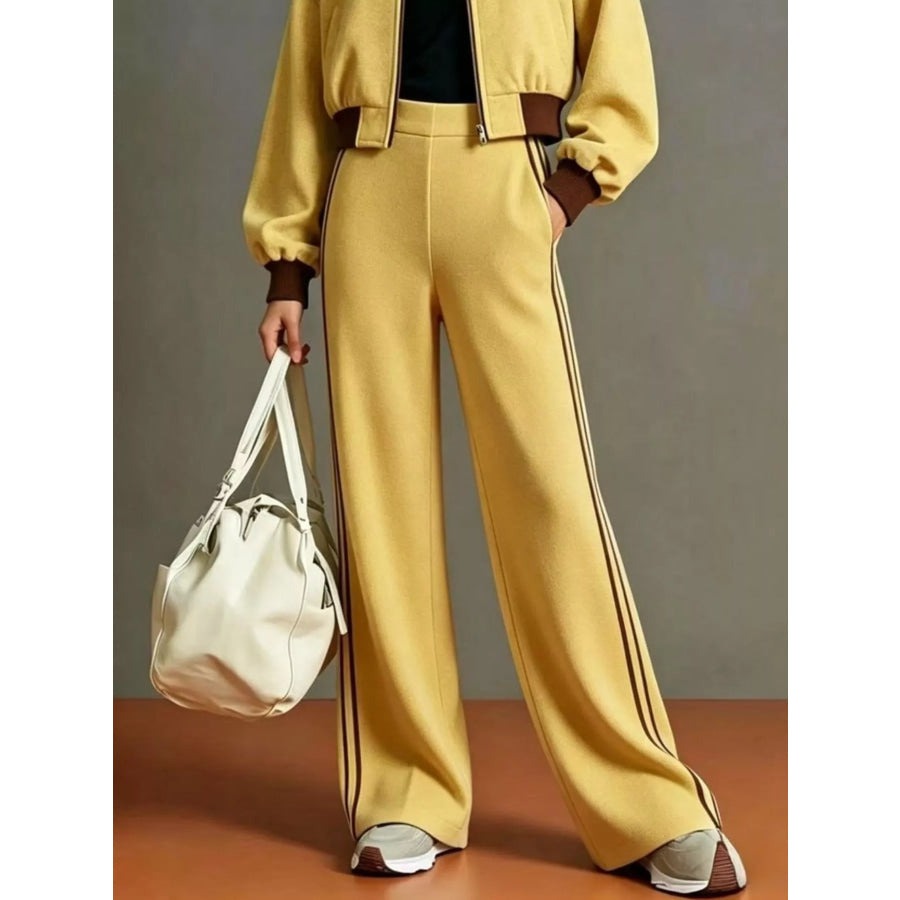 Contrast Ribbed Jacket and Wide-Leg Pants Tracksuit Set